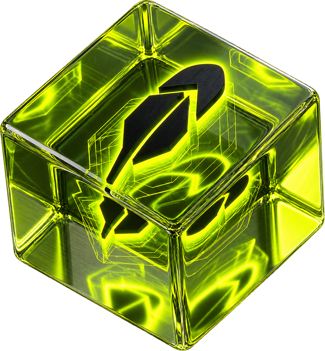 The Robition mark: a glass cube lit acid green, with the feather inside it.